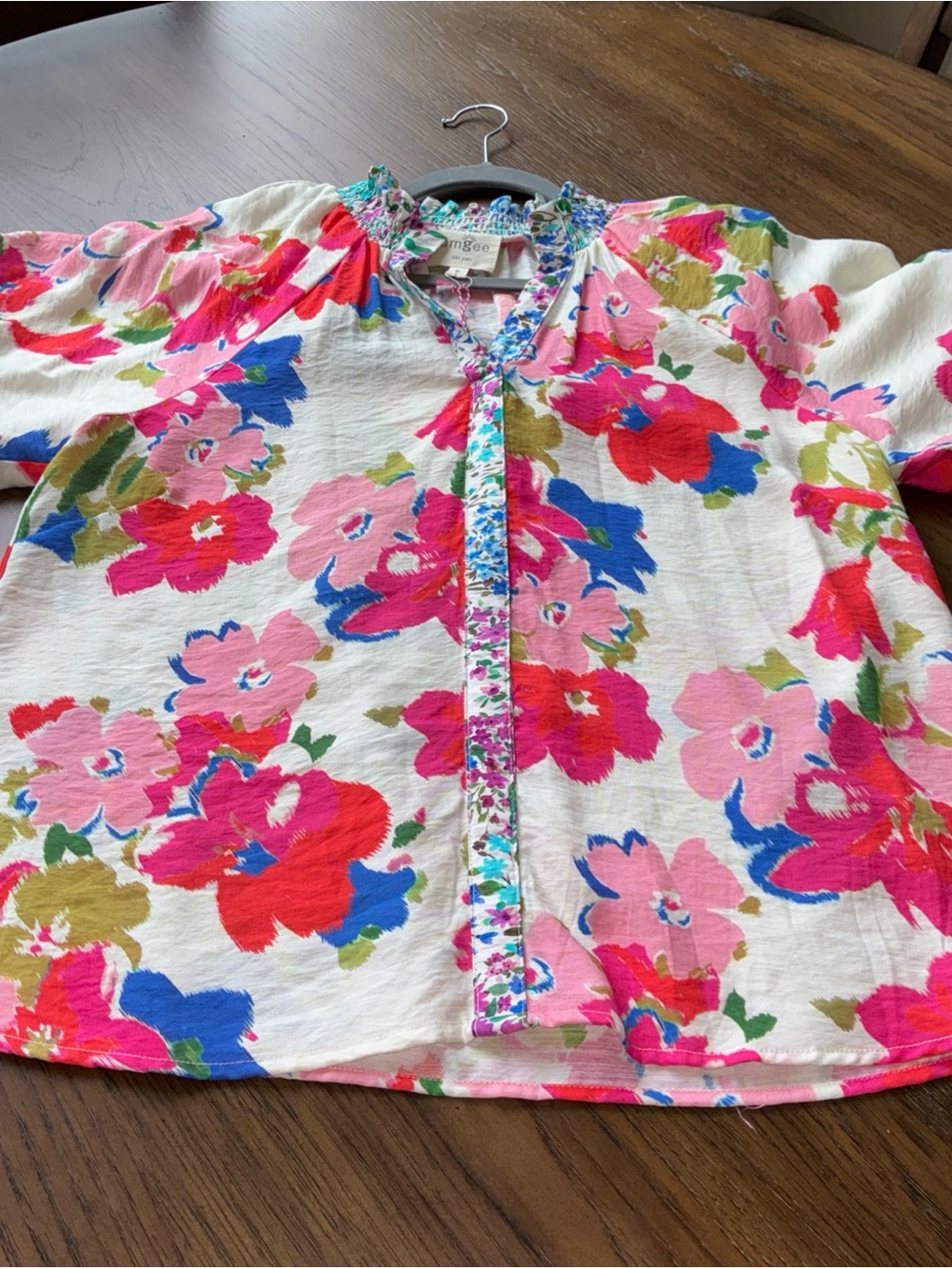Umgee White Blouse with Pink, Red & Blue Floral Print - Picture 6 of 10